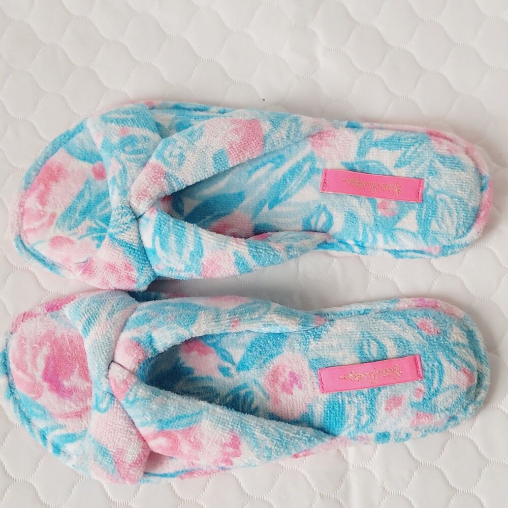 Lilly Pulitzer Bondi Blue My Little Peony Terry Slippers Size 7/8